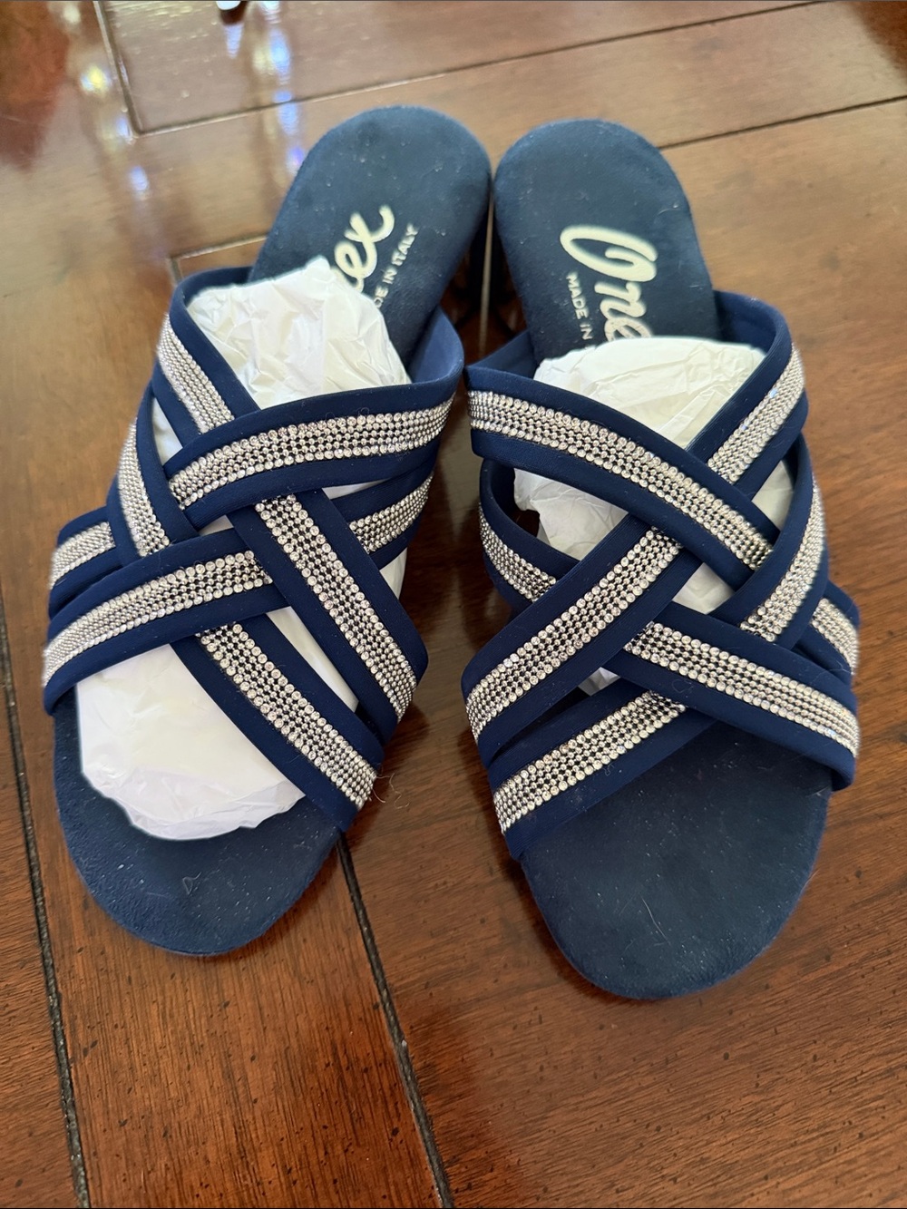 Onex Navy Slide Sandals with Crisscross Rhinestone Straps